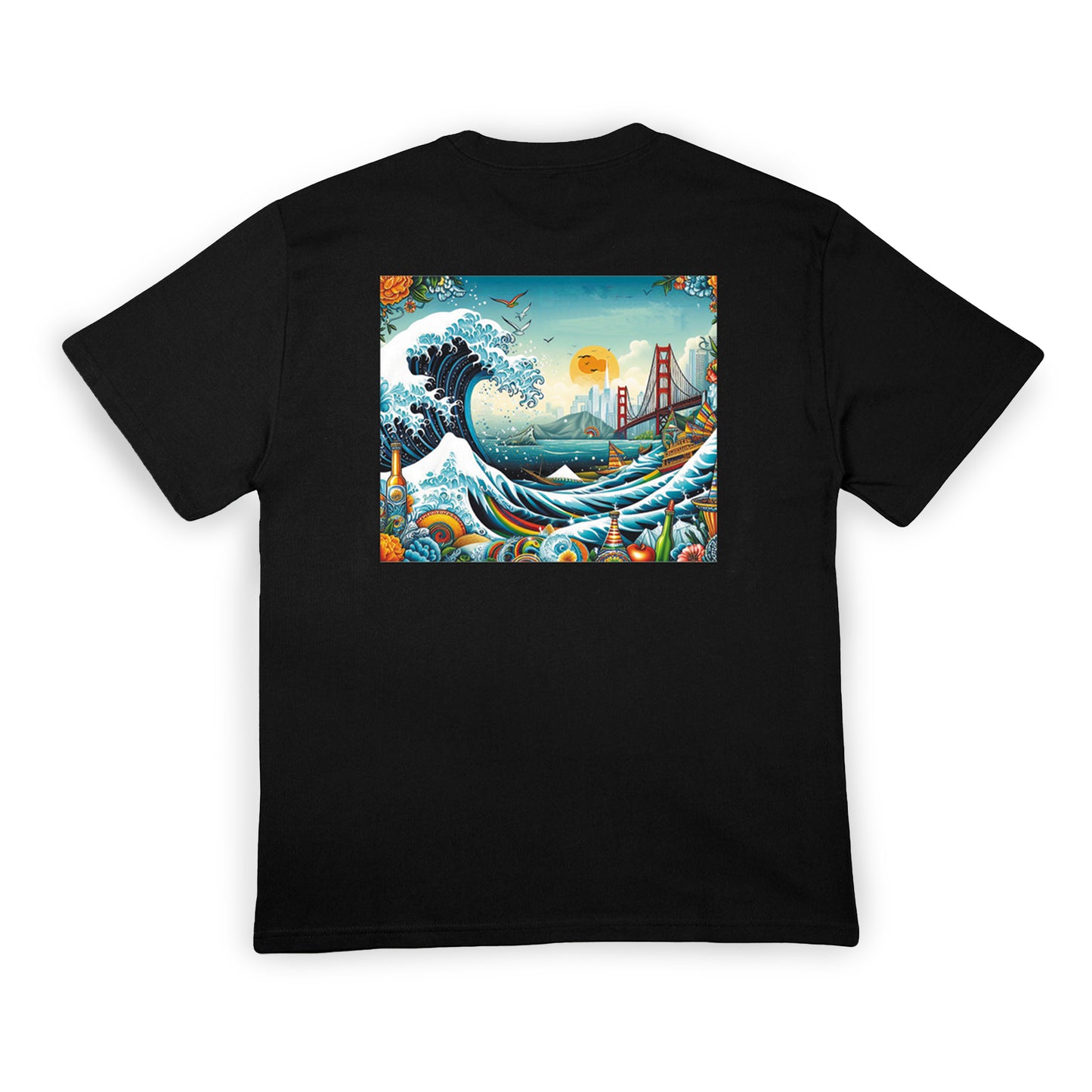 Black t-shirt with a colorful graphic of a wave and bridge on a white background