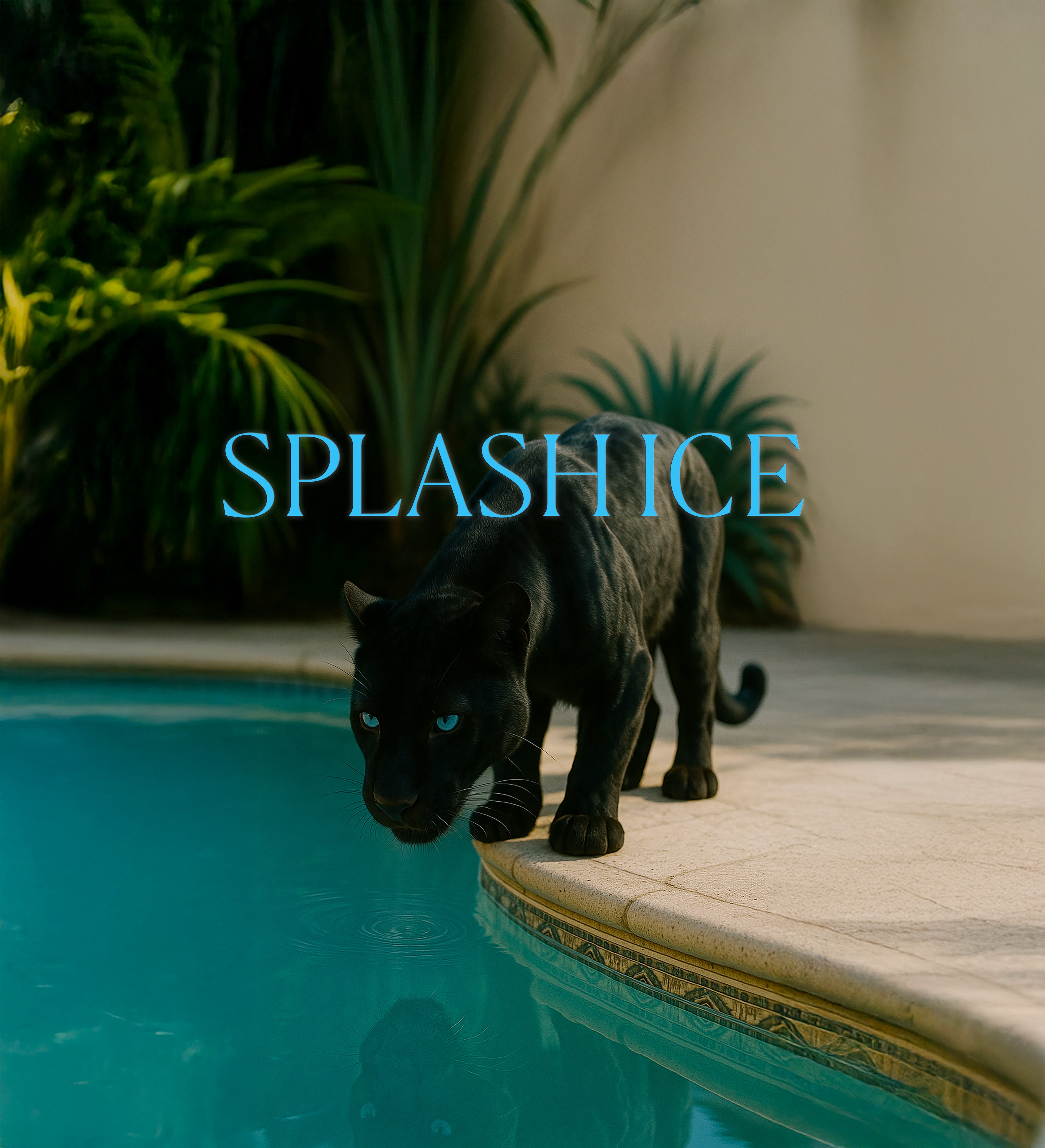 Black panther by a pool with 'SPLASHICE' text overlay