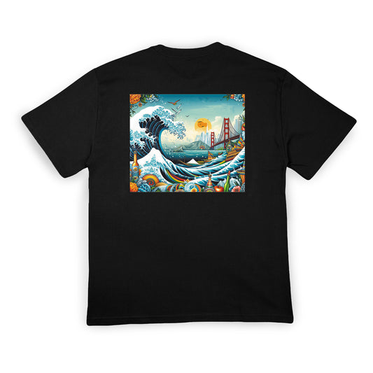 Black t-shirt with a colorful graphic of a wave and bridge on a white background