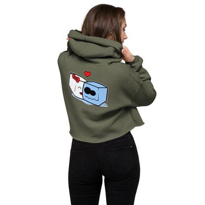 Another female model rocking the women’s cropped hoodie showing of the back view with IceyBob and Icey Jane